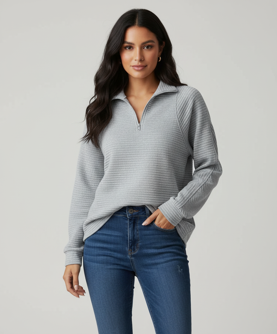 Geribde half-zip dames sweater met lange mouwen