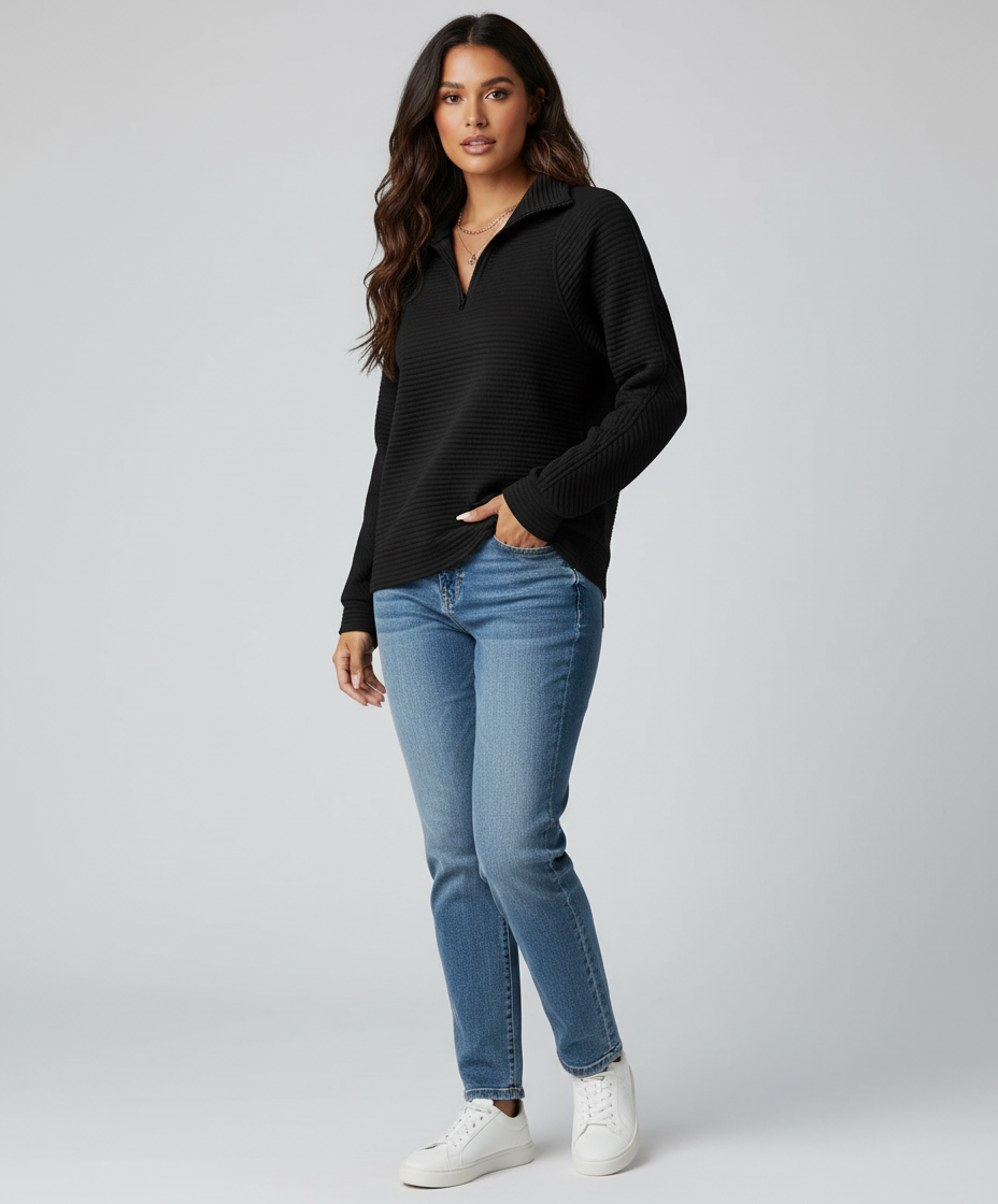 Geribde half-zip dames sweater met lange mouwen