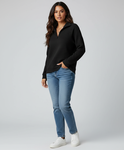 Geribde half-zip dames sweater met lange mouwen