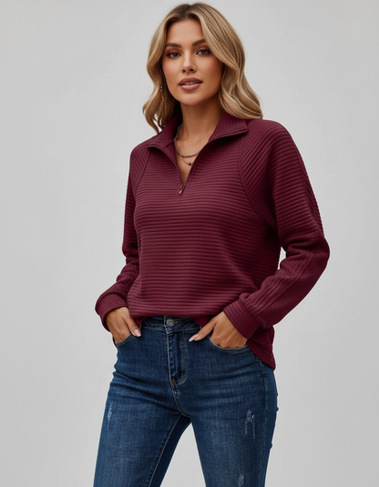 Geribde half-zip dames sweater met lange mouwen