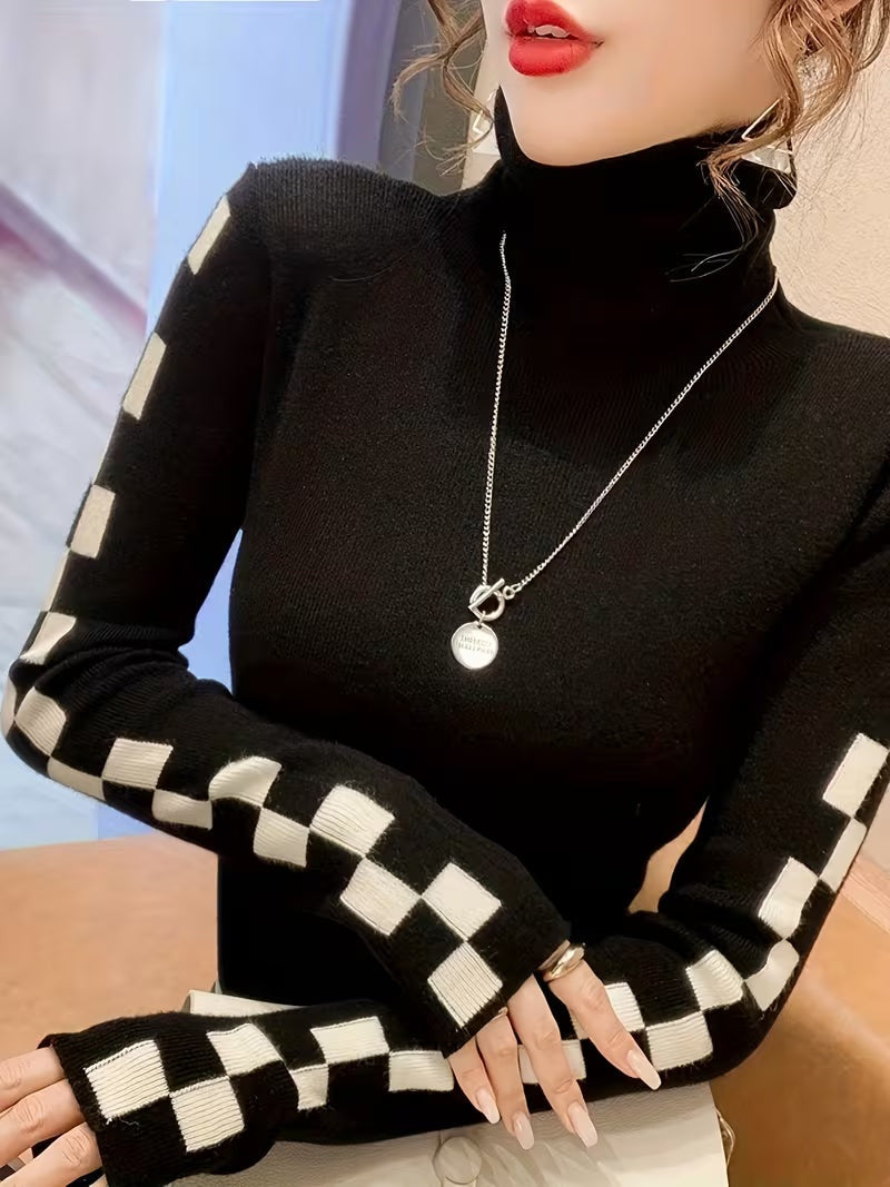 Geribde high-neck damestrui met grafische mouwen – Solène