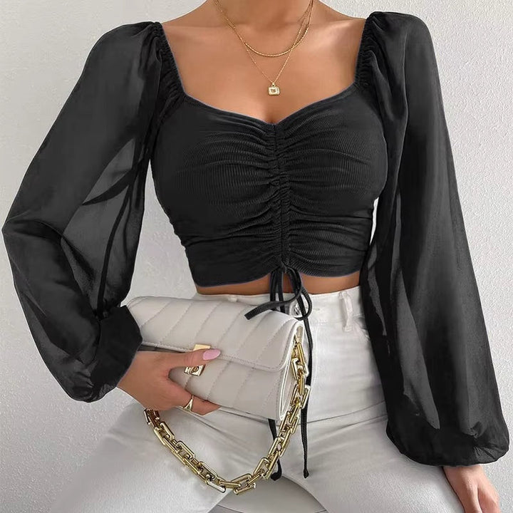 Gerimpte crop blouse met sheer mouwen – Aura