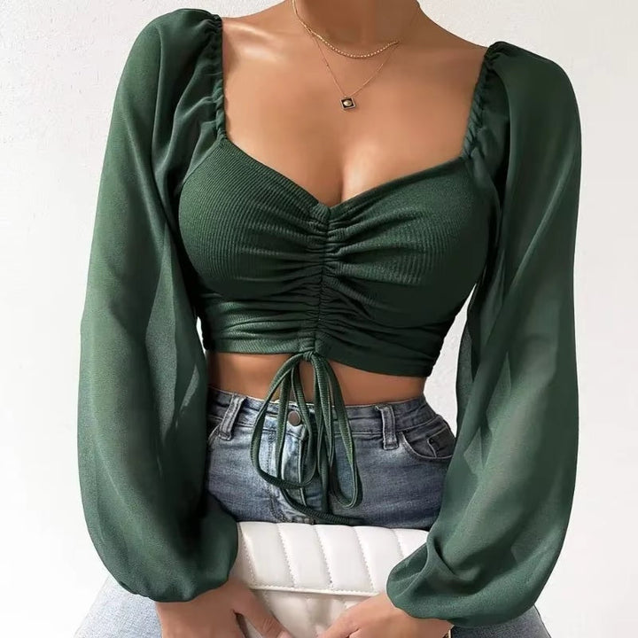 Gerimpte crop blouse met sheer mouwen – Aura