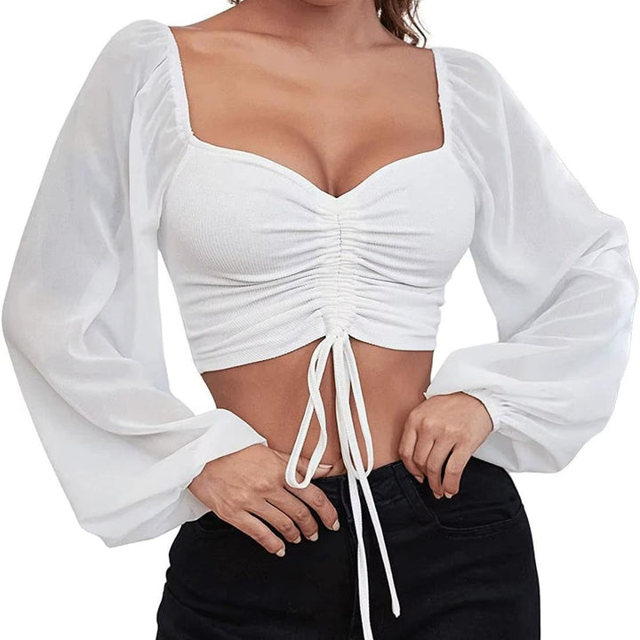 Gerimpte crop blouse met sheer mouwen – Aura