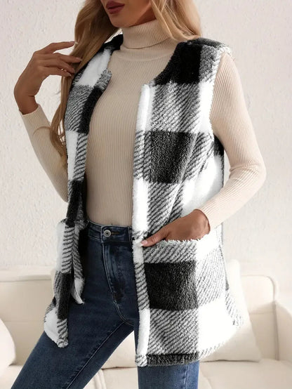 Geruit teddy dames vest met zakken – Everette