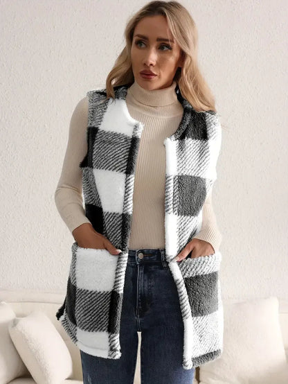 Geruit teddy dames vest met zakken – Everette