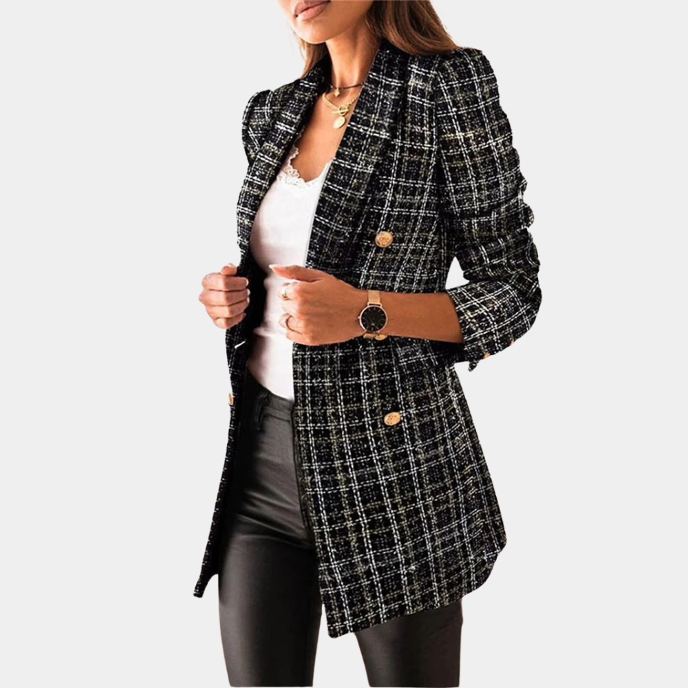 Geruite lange dames blazer met gouden knopen - Elodie