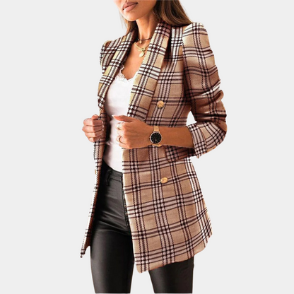 Geruite lange dames blazer met gouden knopen - Elodie