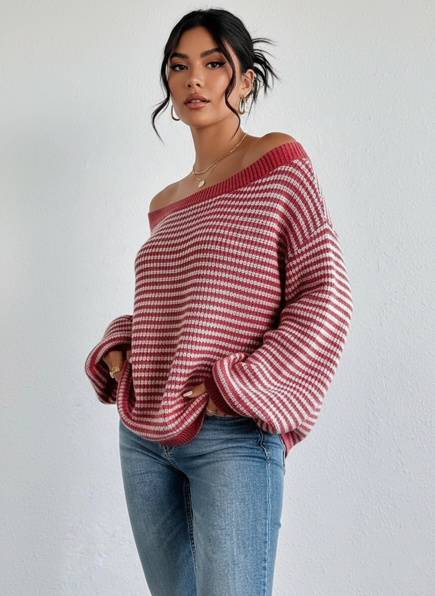 Gestreepte off-shoulder dames trui – Eden