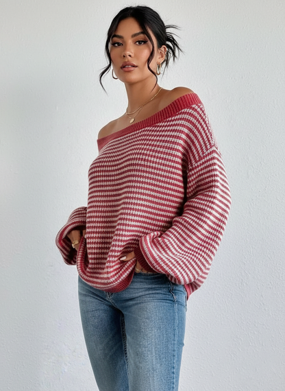 Gestreepte off-shoulder dames trui – Eden