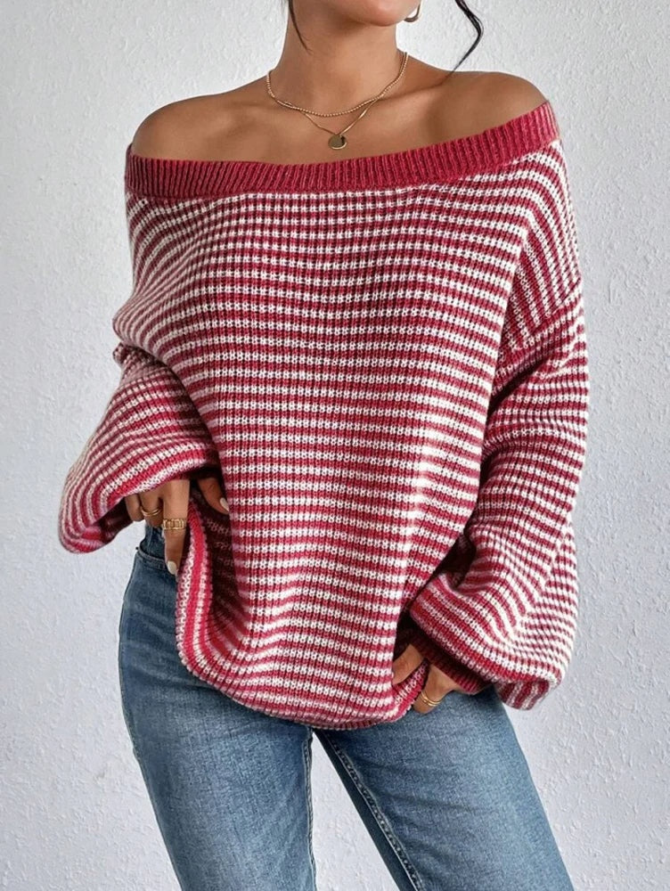 Gestreepte off-shoulder dames trui – Eden