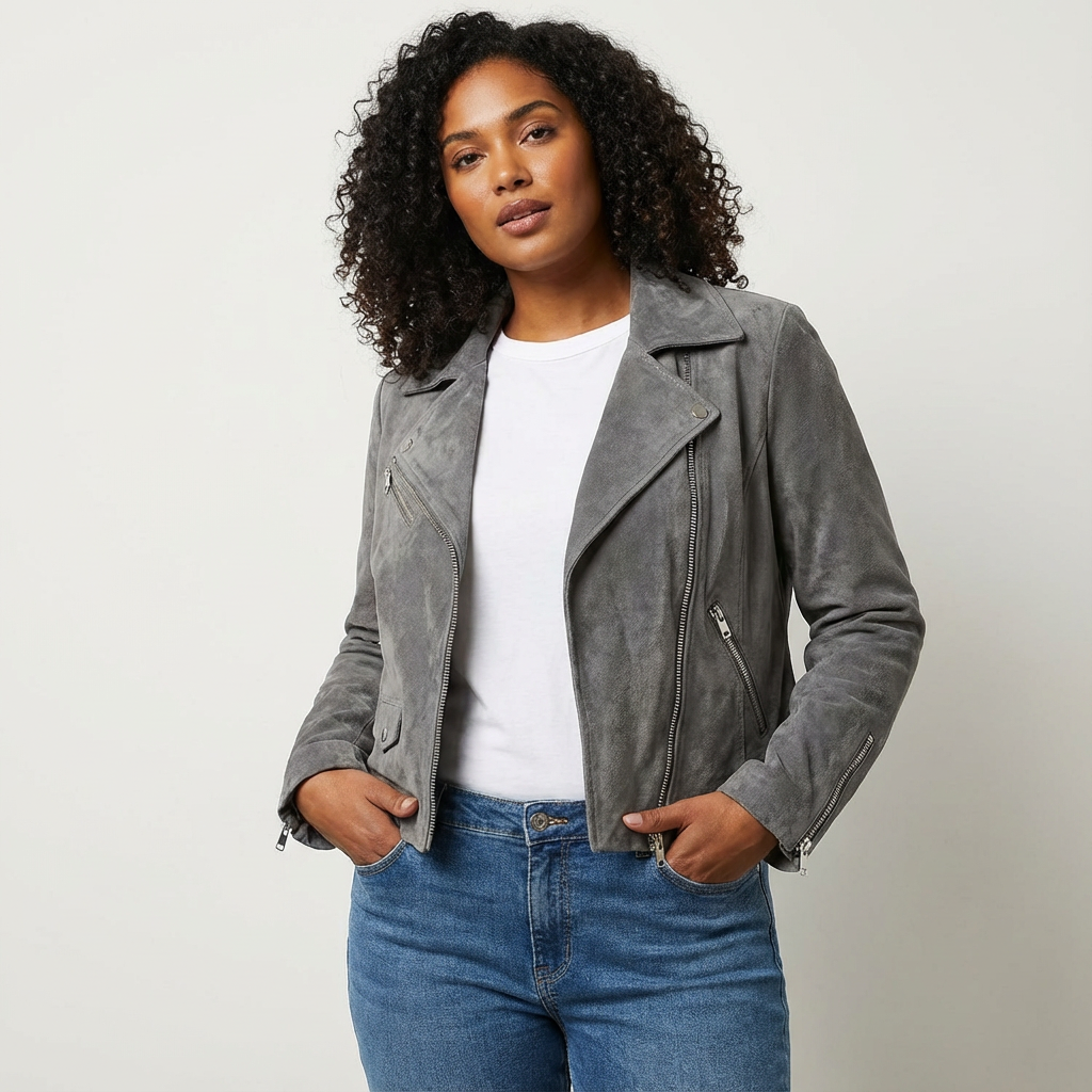 Getailleerd dames bikerjack met suèdelook