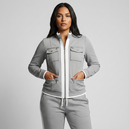 Getailleerde dames set met ritsjack en broek met contrastdetails