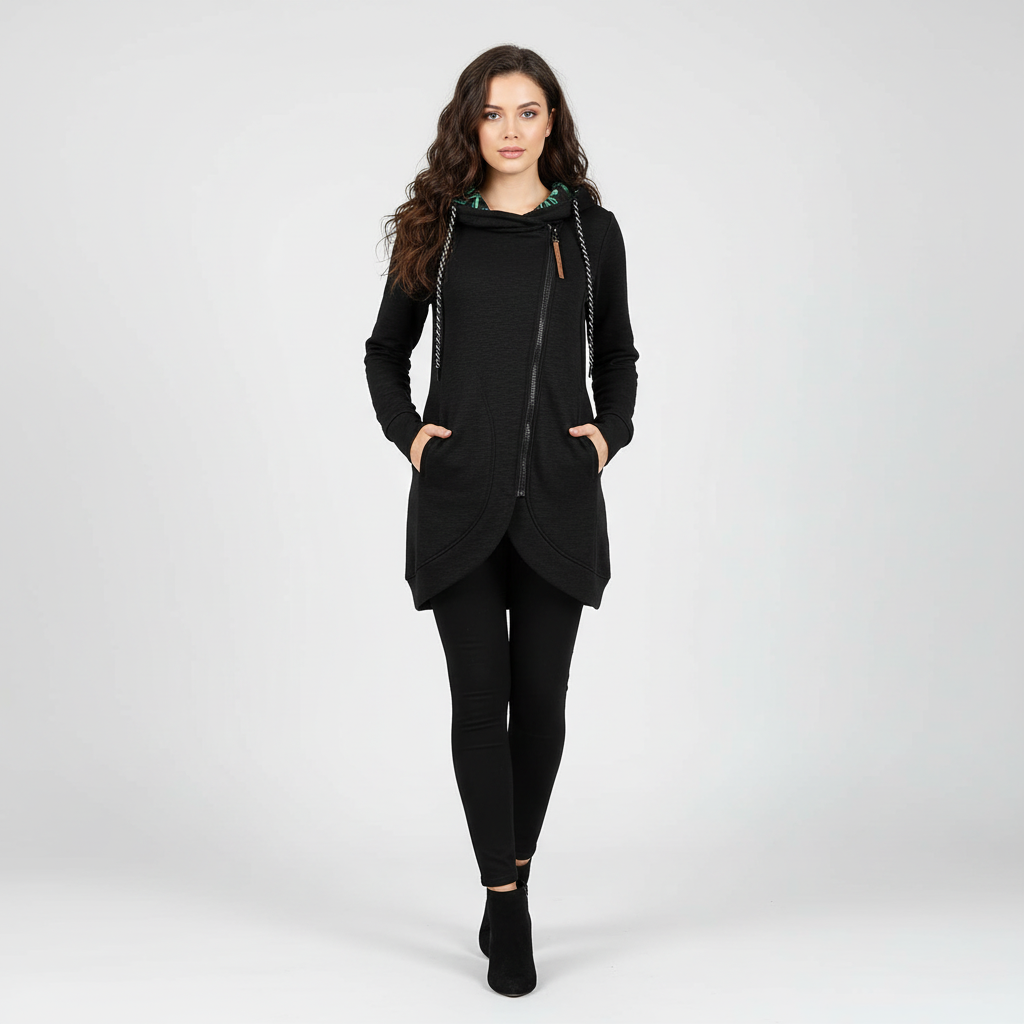 Getailleerde dames winterjas met capuchon en florale voering