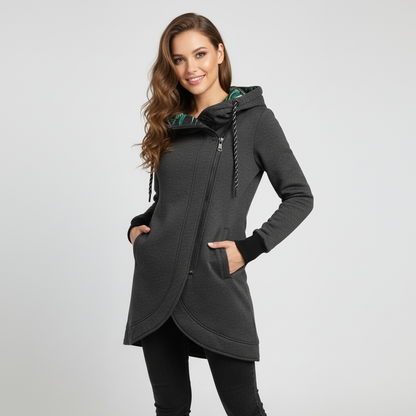 Getailleerde dames winterjas met capuchon en florale voering