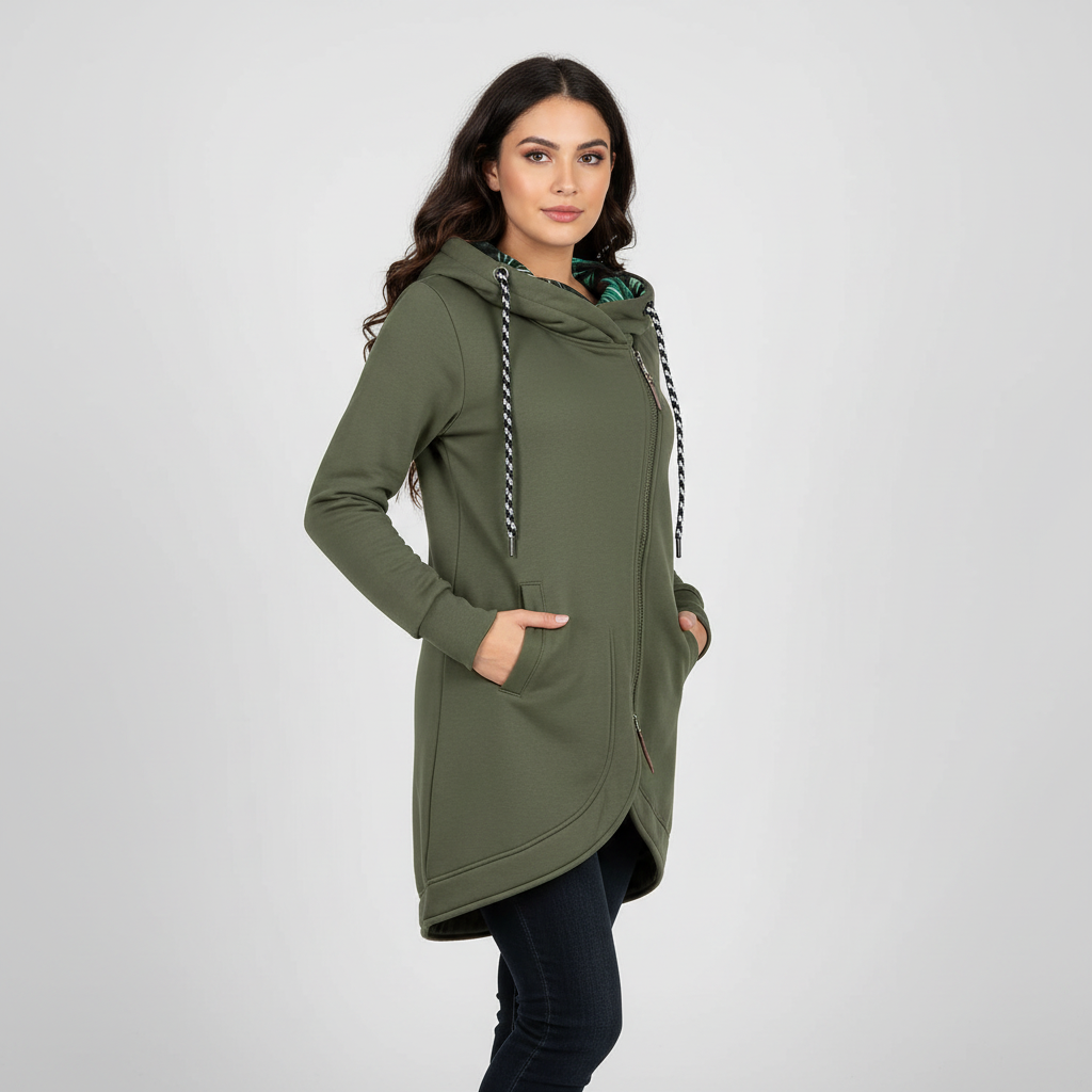 Getailleerde dames winterjas met capuchon en florale voering