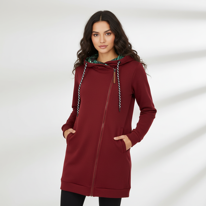 Getailleerde dames winterjas met capuchon en florale voering