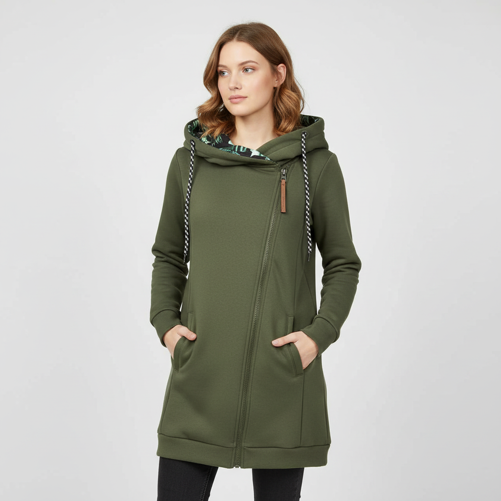Getailleerde dames winterjas met capuchon en florale voering