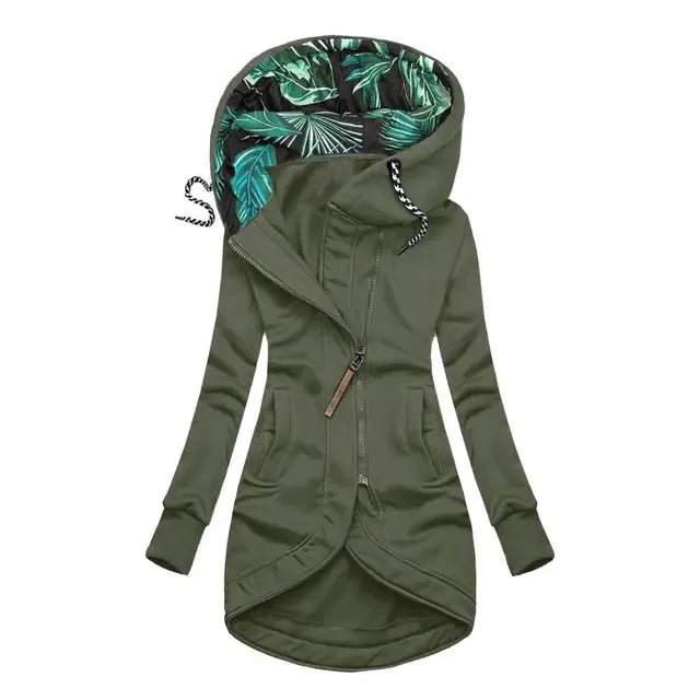 Getailleerde dames winterjas met capuchon en florale voering