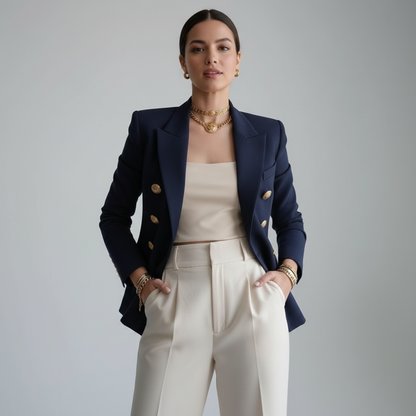 Getailleerde double-breasted damesblazer met goudkleurige knopen