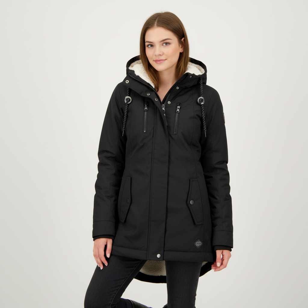 Gevoerde dames parka met teddyvoering en capuchon