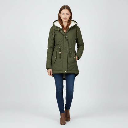 Gevoerde dames parka met teddyvoering en capuchon