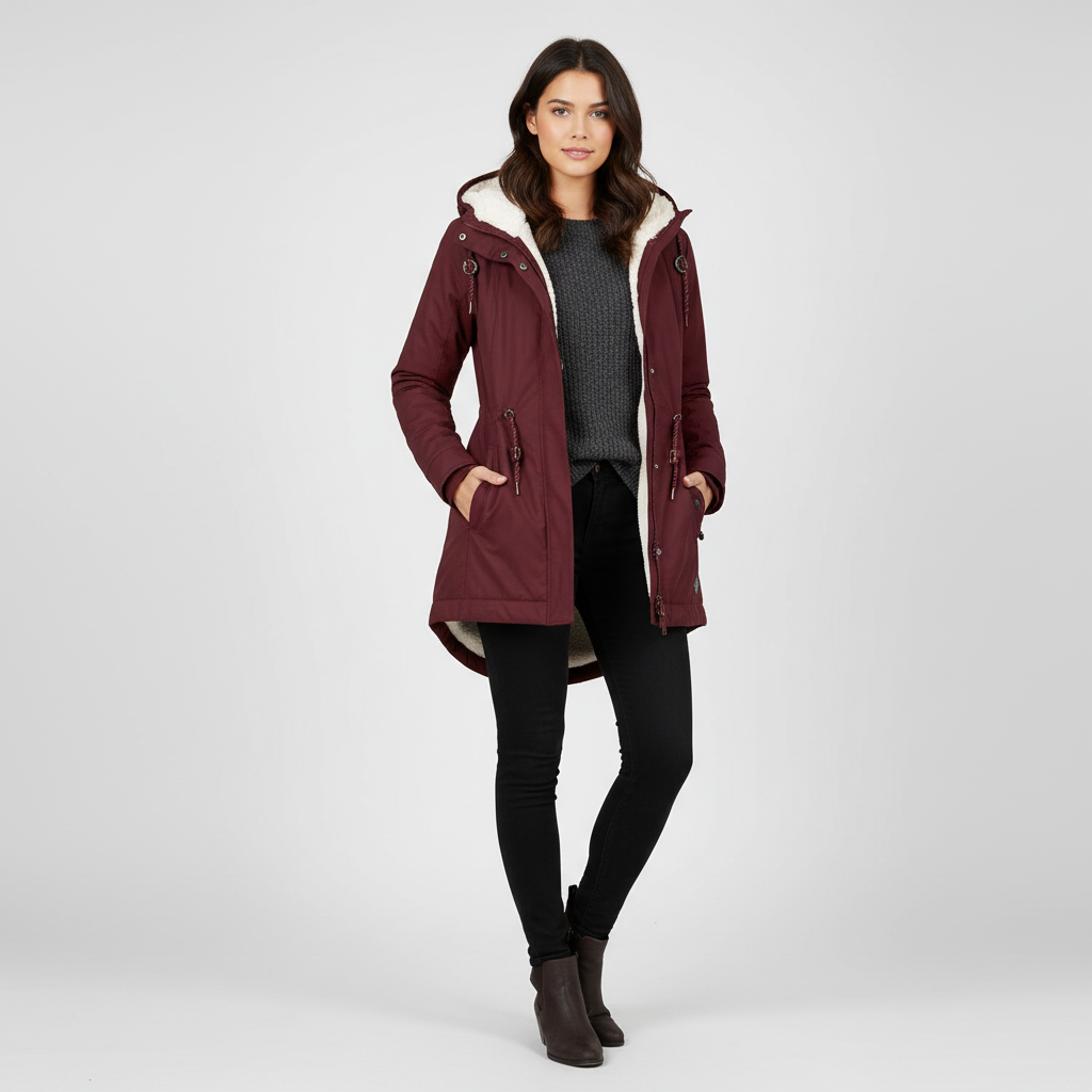 Gevoerde dames parka met teddyvoering en capuchon