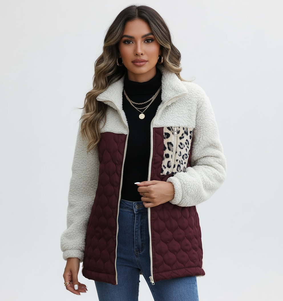 Gewatteerde dames teddy jas met luipaard detail – Feroce