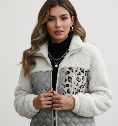 Gewatteerde dames teddy jas met luipaard detail – Feroce