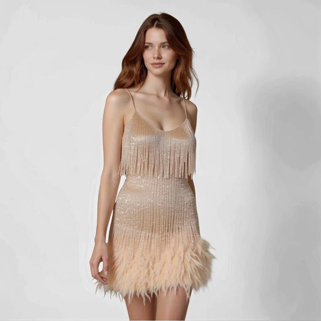 Glamoureuze pailletten veren cocktailjurk
