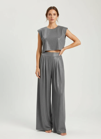 Glanzende two-piece set met cropped top en wide-leg broek – Alina