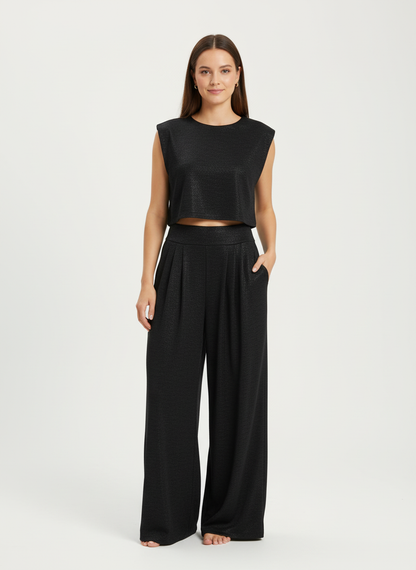 Glanzende two-piece set met cropped top en wide-leg broek – Alina