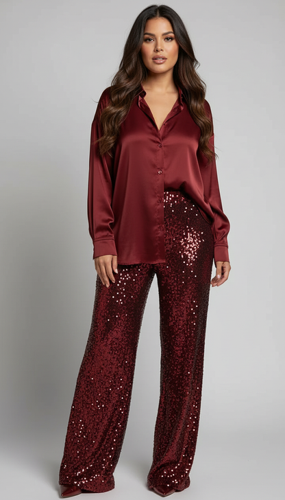 Glinsterende dames set met blouse en wijde broek