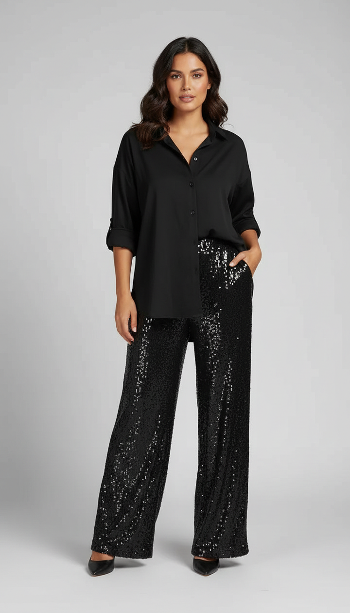 Glinsterende dames set met blouse en wijde broek
