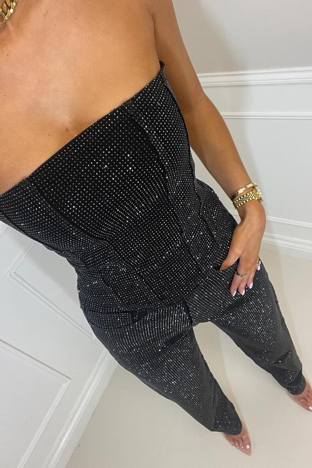 Glitter tweedelige set met strapless top en high-waist broek