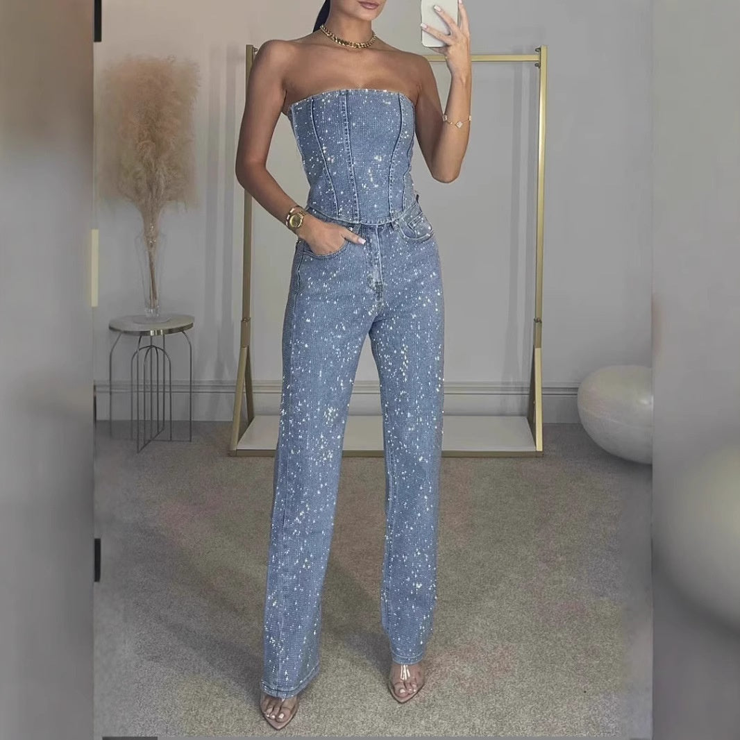 Glitter tweedelige set met strapless top en high-waist broek