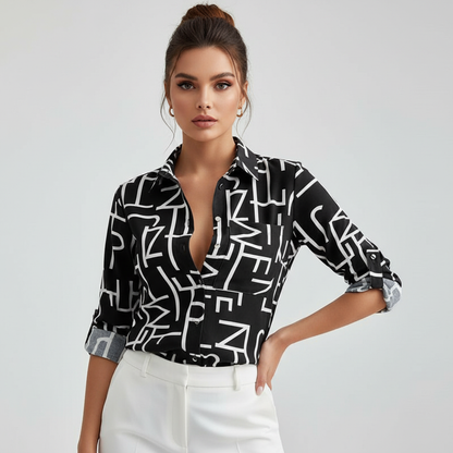Grafische blouse met omlegkraag