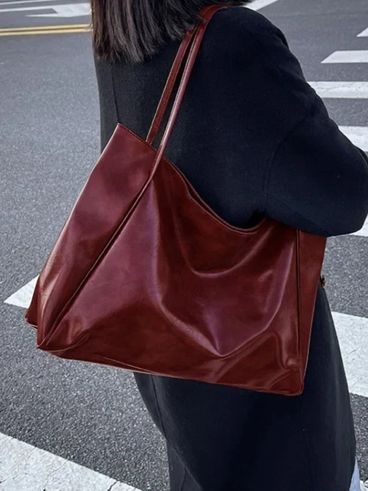 Grote Dames Leren Schoudertas Shopper in Burgundy Rood