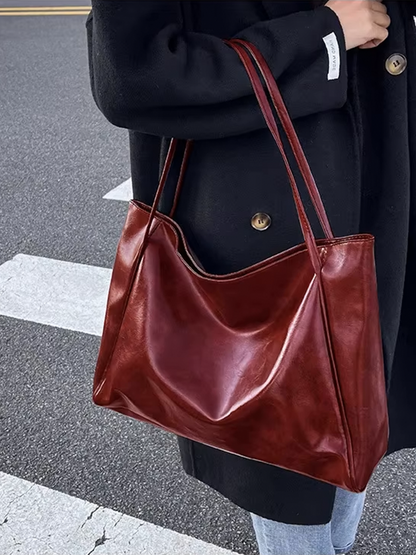 Grote Dames Leren Schoudertas Shopper in Burgundy Rood