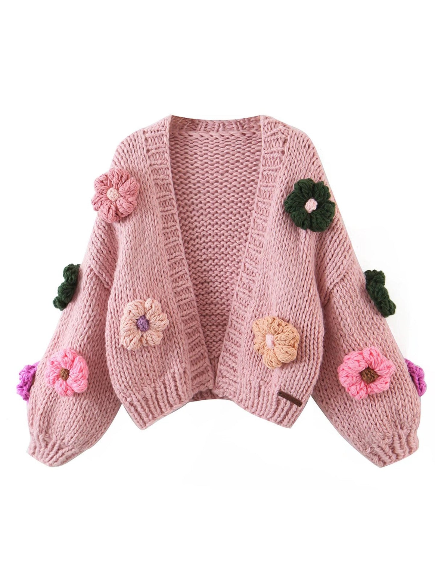 Handgebreide Bloemen Cardigan met Ballonmouwen en Zachte Knit