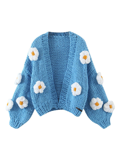 Handgebreide Bloemen Cardigan met Ballonmouwen en Zachte Knit