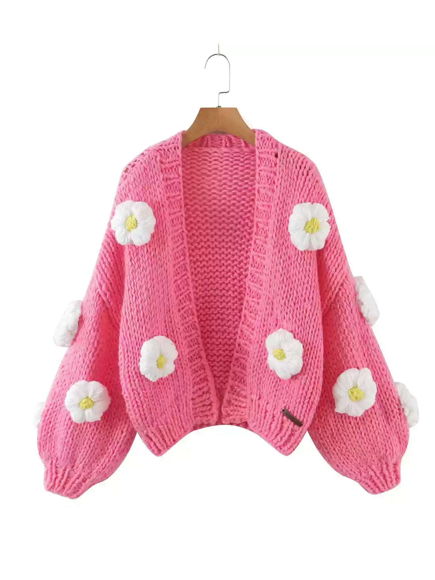 Handgebreide Bloemen Cardigan met Ballonmouwen en Zachte Knit
