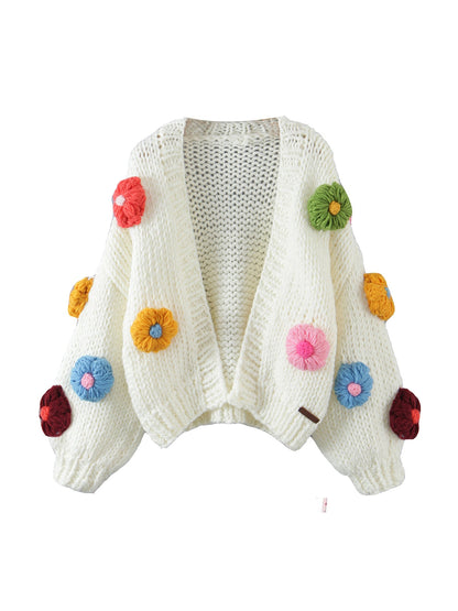 Handgebreide Bloemen Cardigan met Ballonmouwen en Zachte Knit