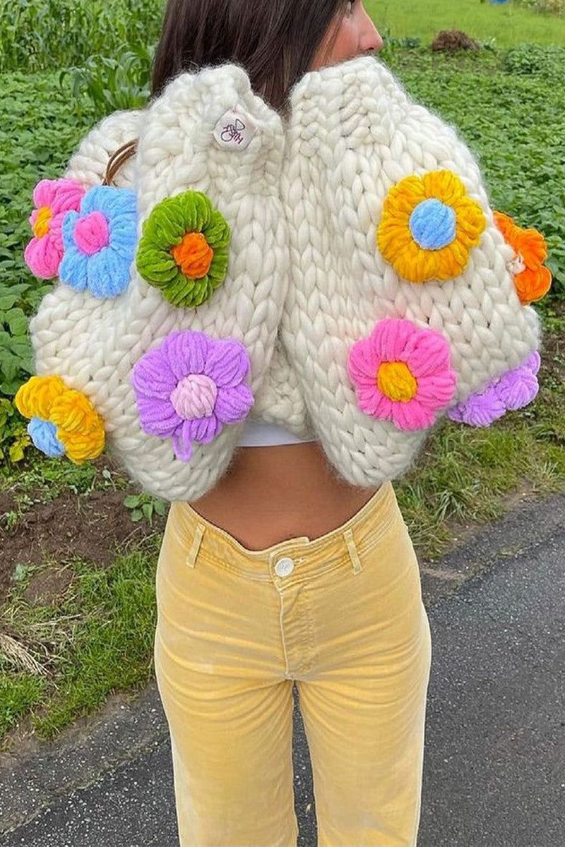 Handgebreide Bloemen Cardigan met Ballonmouwen en Zachte Knit