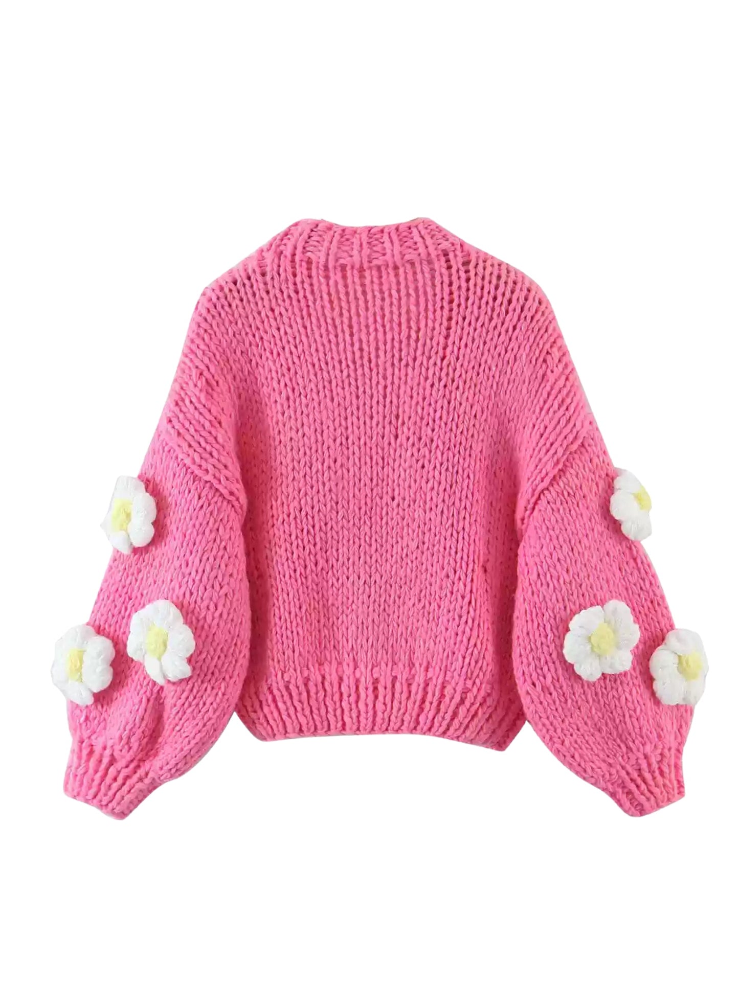 Handgebreide Bloemen Cardigan met Ballonmouwen en Zachte Knit