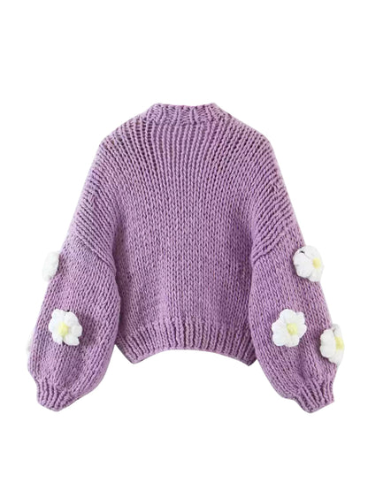 Handgebreide Bloemen Cardigan met Ballonmouwen en Zachte Knit