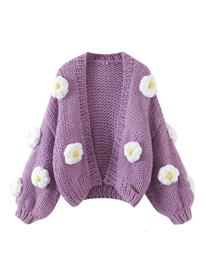 Handgebreide Bloemen Cardigan met Ballonmouwen en Zachte Knit