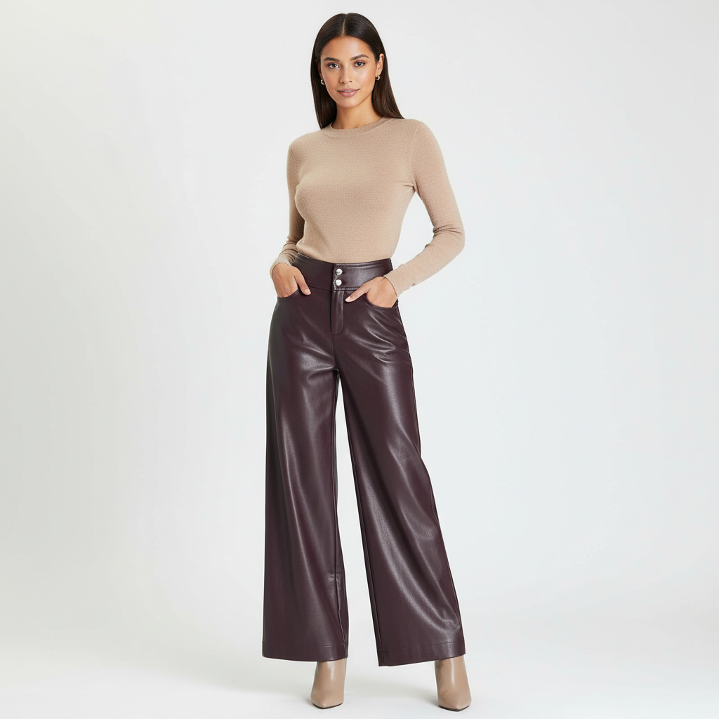 High-waist leren dames broek met wijde pijpen – Empress