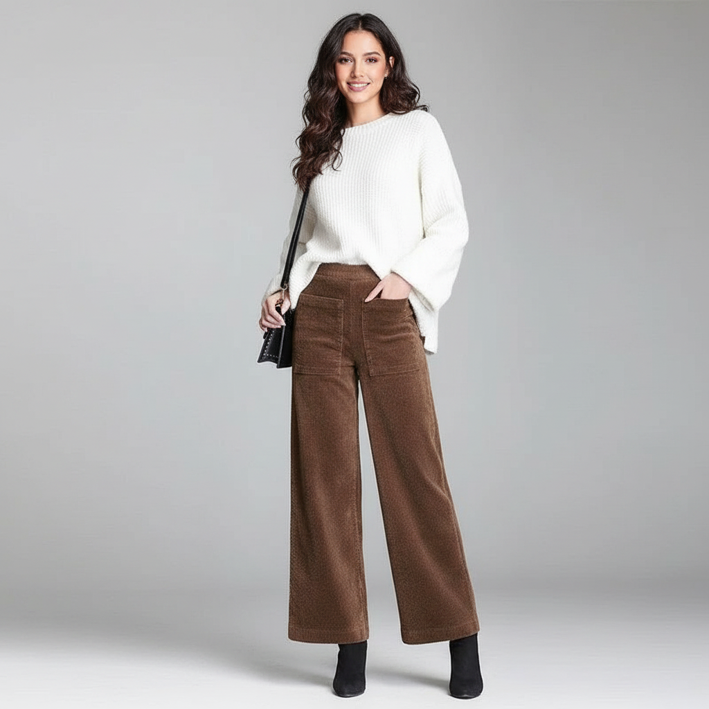 High-waist ribfluwelen damesbroek met wijde pijpen – Corduroy Couture