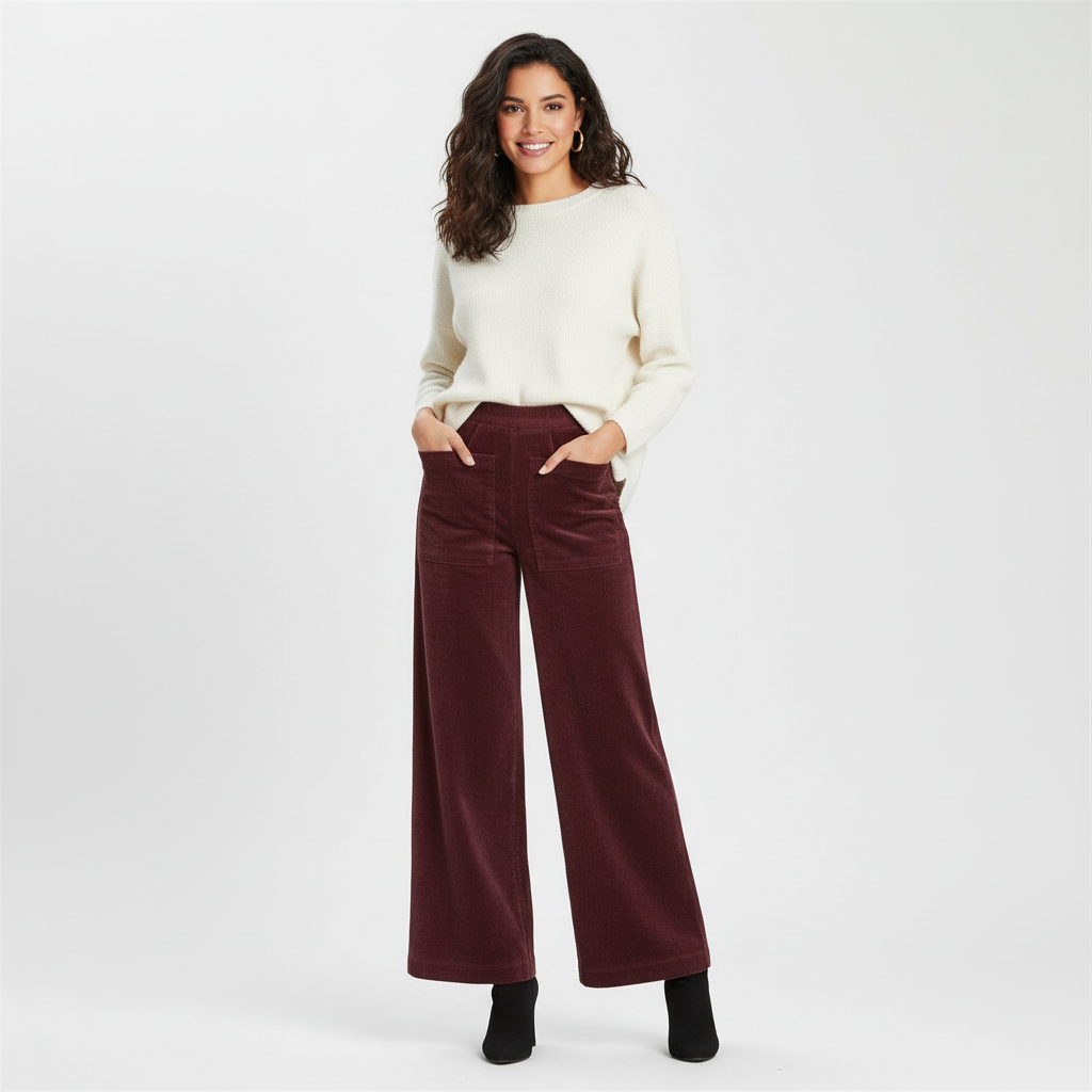 High-waist ribfluwelen damesbroek met wijde pijpen – Corduroy Couture